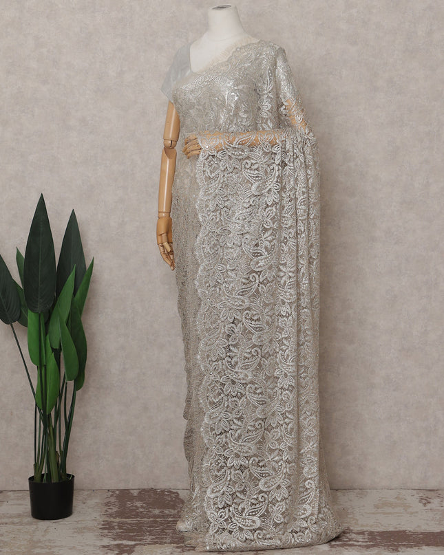 Slate Grey French Chantilly Lace Saree Piece