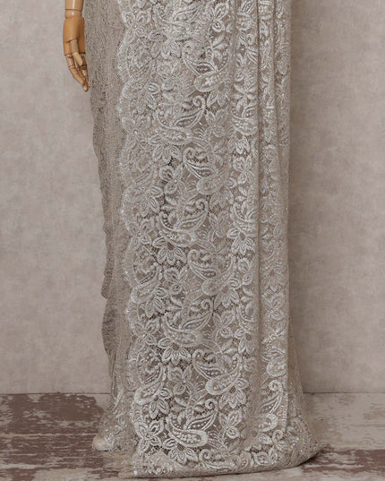 Slate Grey French Chantilly Lace Saree Piece