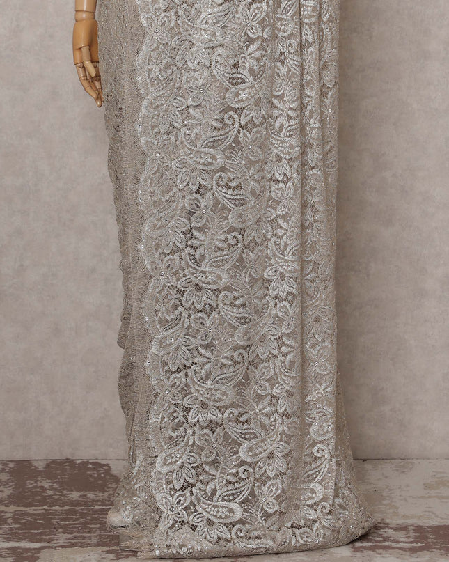 Slate Grey French Chantilly Lace Saree Piece