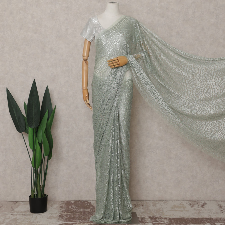 Sage Green Textured French Chantilly Lace Saree