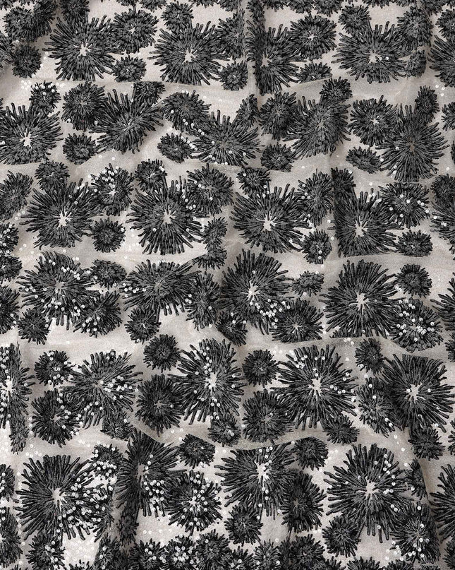 Ebony Black Floral Synthetic Nylon Tulle Fabric 140cm