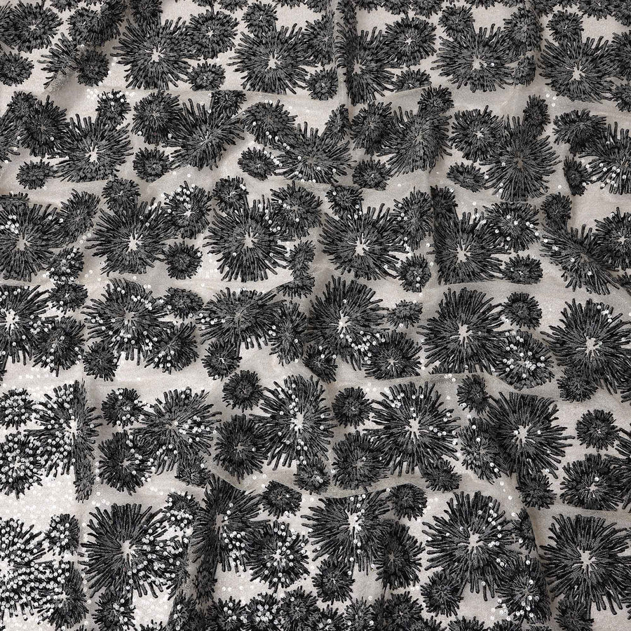Ebony Black Floral Synthetic Nylon Tulle Fabric 140cm