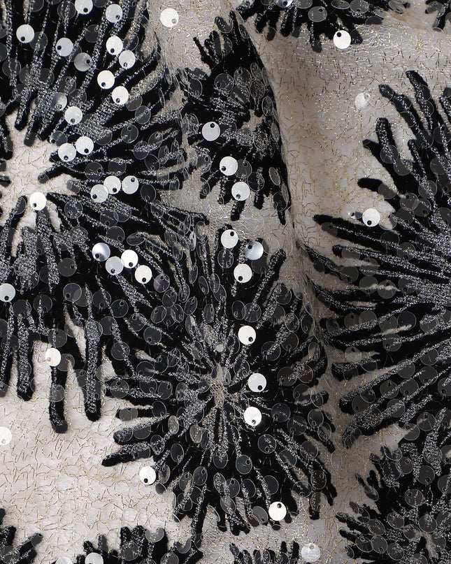 Ebony Black Floral Synthetic Nylon Tulle Fabric 140cm