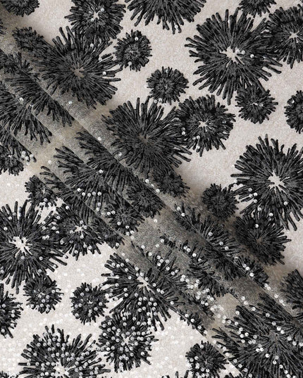 Ebony Black Floral Synthetic Nylon Tulle Fabric 140cm