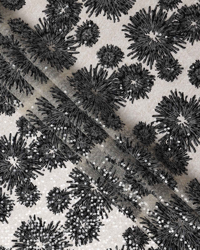 Ebony Black Floral Synthetic Nylon Tulle Fabric 140cm