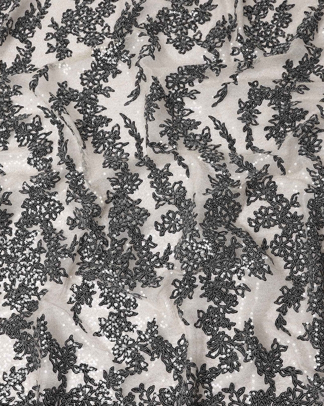 Graphite Grey Floral Synthetic Nylon Tulle Fabric 140cm