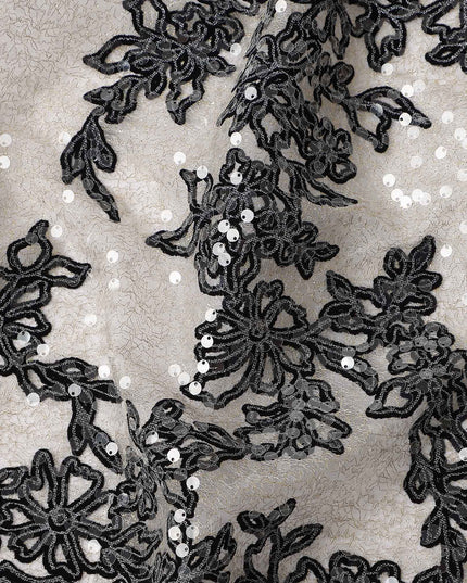 Graphite Grey Floral Synthetic Nylon Tulle Fabric 140cm