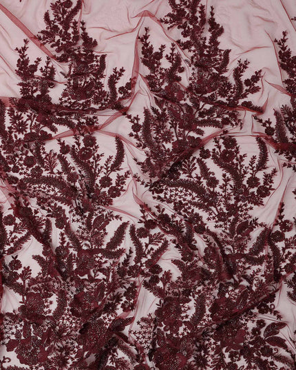 Burgundy Red Floral Synthetic Nylon Tulle Fabric 140cm