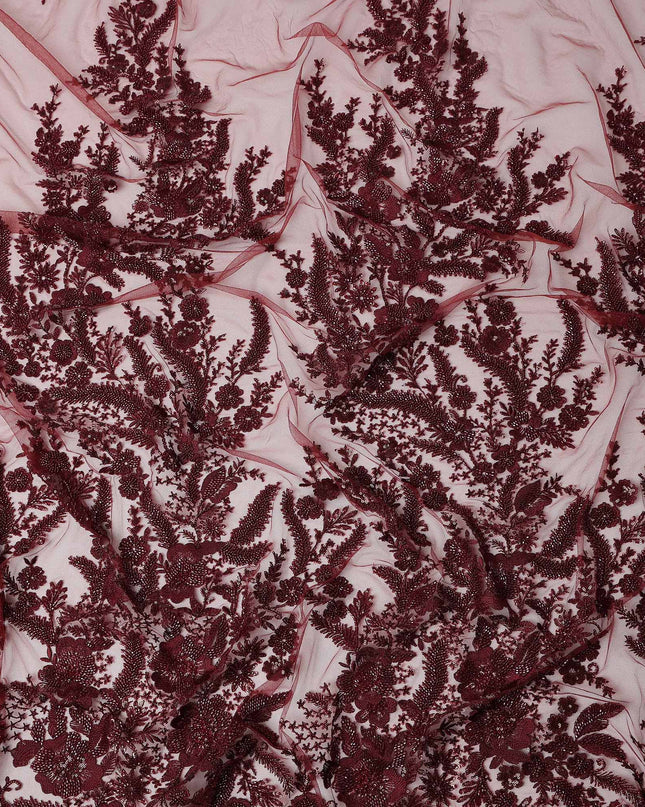 Burgundy Red Floral Synthetic Nylon Tulle Fabric 140cm