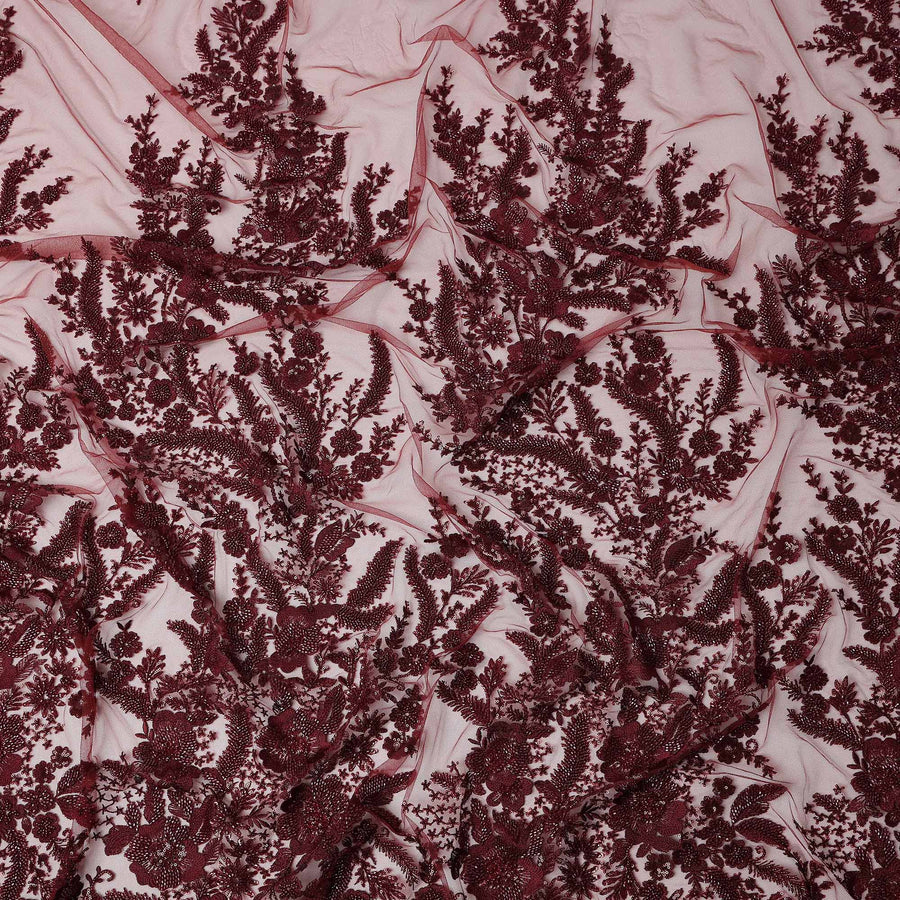 Burgundy Red Floral Synthetic Nylon Tulle Fabric 140cm