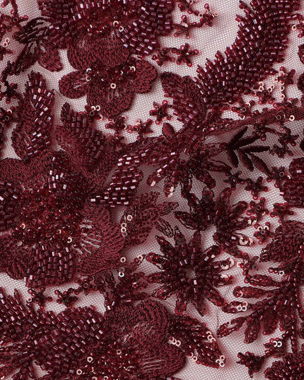 Burgundy Red Floral Synthetic Nylon Tulle Fabric 140cm