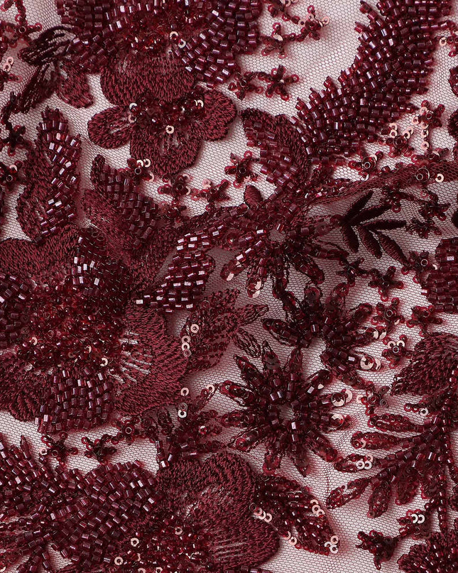 Burgundy Red Floral Synthetic Nylon Tulle Fabric 140cm