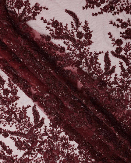 Burgundy Red Floral Synthetic Nylon Tulle Fabric 140cm