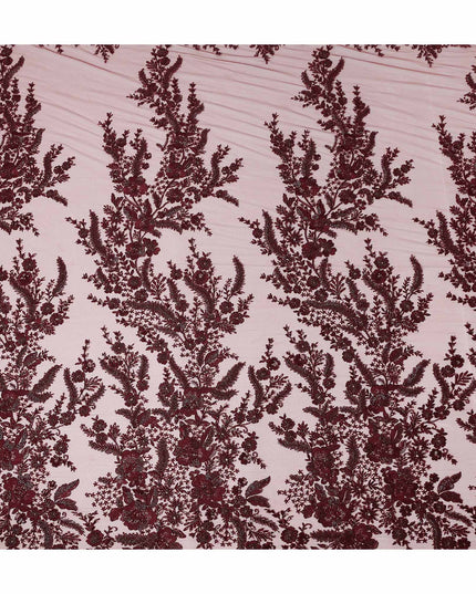 Burgundy Red Floral Synthetic Nylon Tulle Fabric 140cm