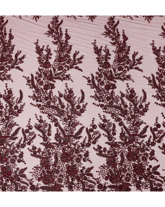 Burgundy Red Floral Synthetic Nylon Tulle Fabric 140cm