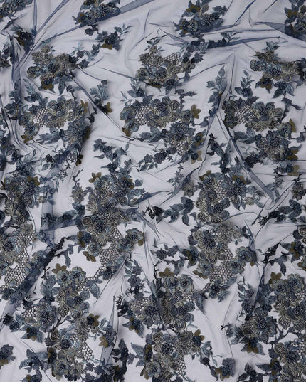 Slate Grey Floral Synthetic Nylon Tulle Fabric 140cm