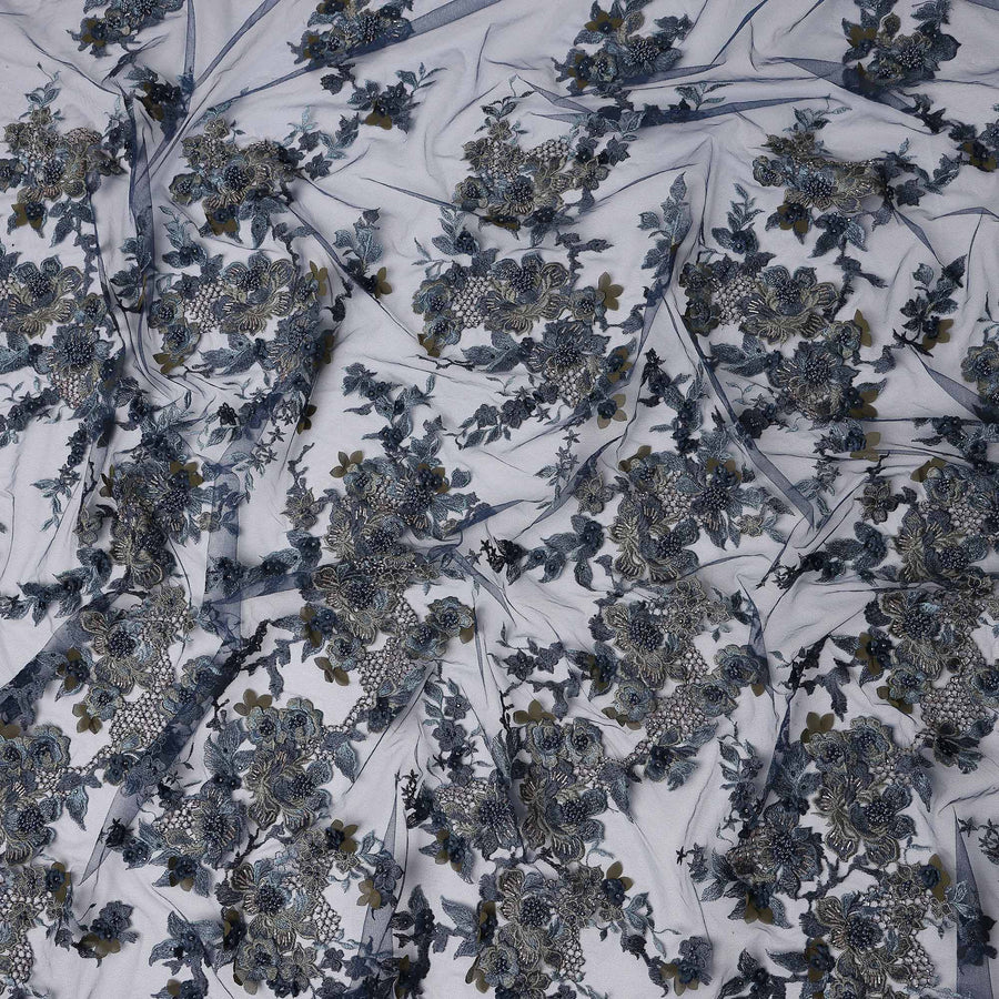 Slate Grey Floral Synthetic Nylon Tulle Fabric 140cm