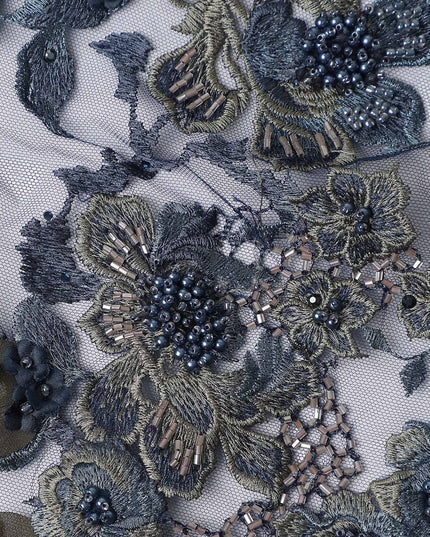 Slate Grey Floral Synthetic Nylon Tulle Fabric 140cm