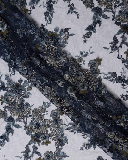 Slate Grey Floral Synthetic Nylon Tulle Fabric 140cm