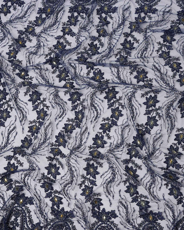 Midnight Blue Floral Synthetic Nylon Tulle Fabric 140cm