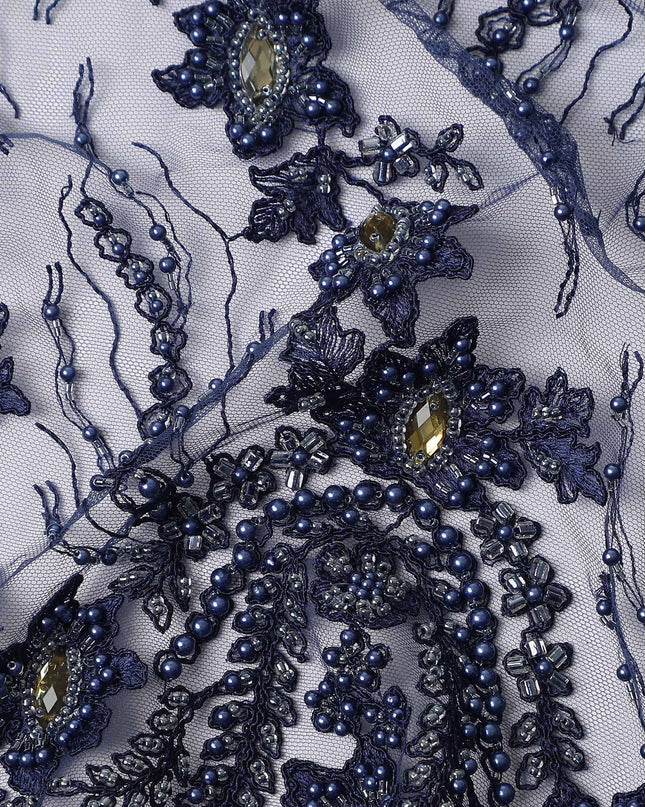 Midnight Blue Floral Synthetic Nylon Tulle Fabric 140cm
