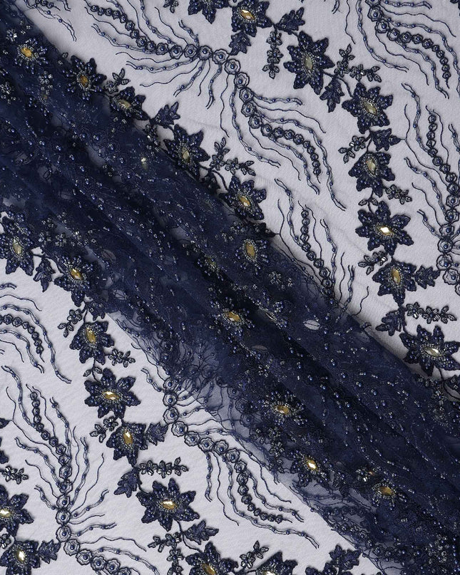 Midnight Blue Floral Synthetic Nylon Tulle Fabric 140cm