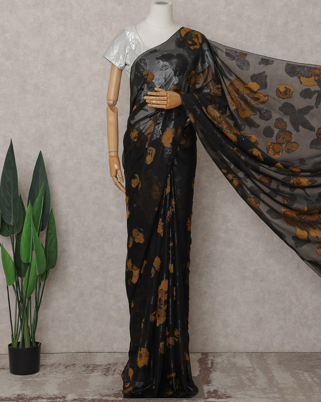 Jet Black Silk Chiffon Saree - D31600