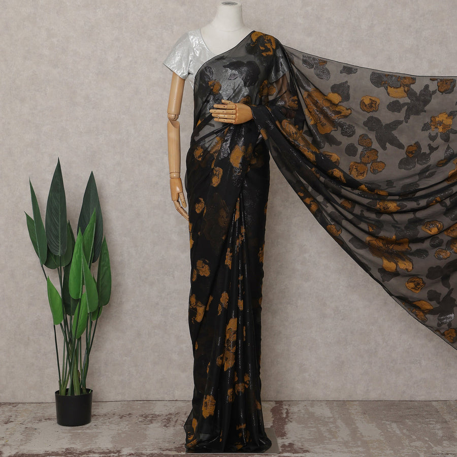 Jet Black Silk Chiffon Saree - D31600