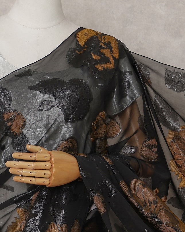 Jet Black Silk Chiffon Saree - D31600