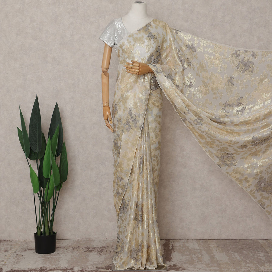Ivory White Silk Chiffon Saree - D31599
