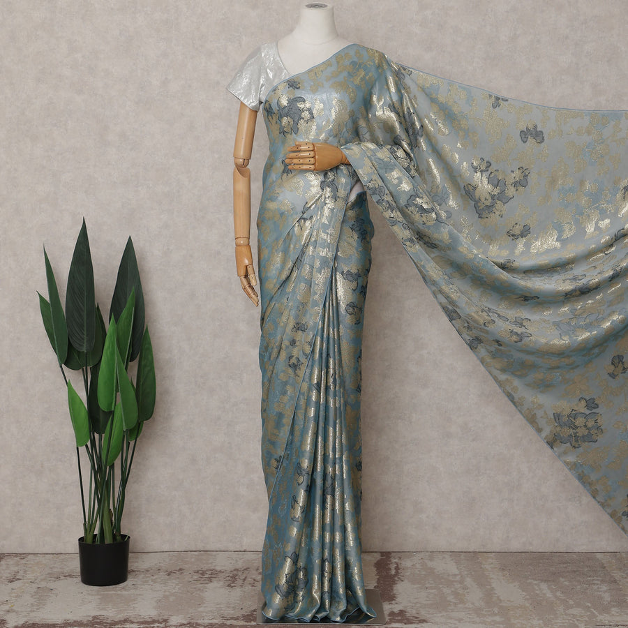 Silver Blue Silk Chiffon Saree - D31601