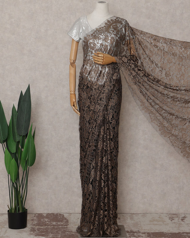 Coffee Bronze Floral French Chantilly Lace Saree