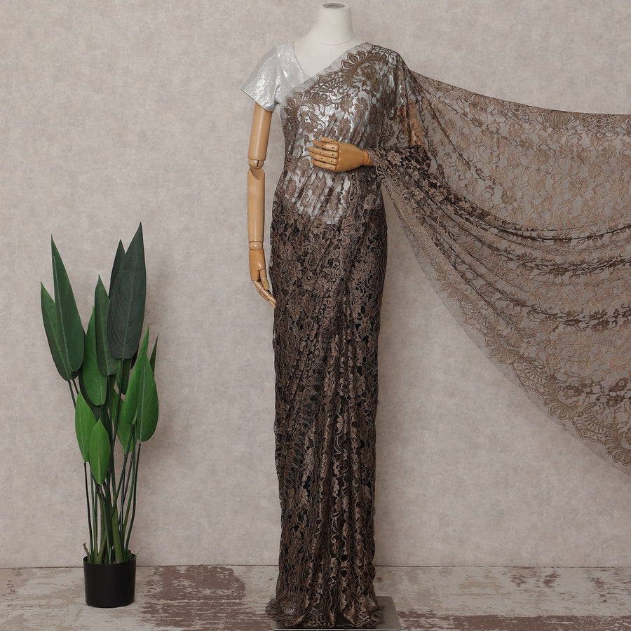 Coffee Bronze Floral French Chantilly Lace Saree