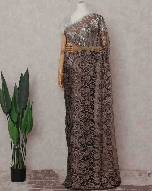 Coffee Bronze Floral French Chantilly Lace Saree