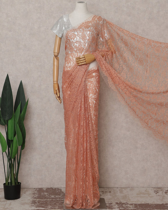 Coral Peach French Chantilly Lace Saree