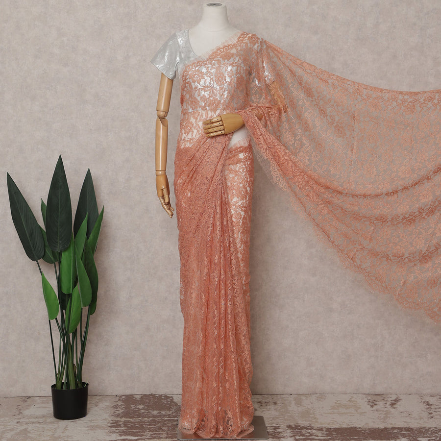 Coral Peach French Chantilly Lace Saree