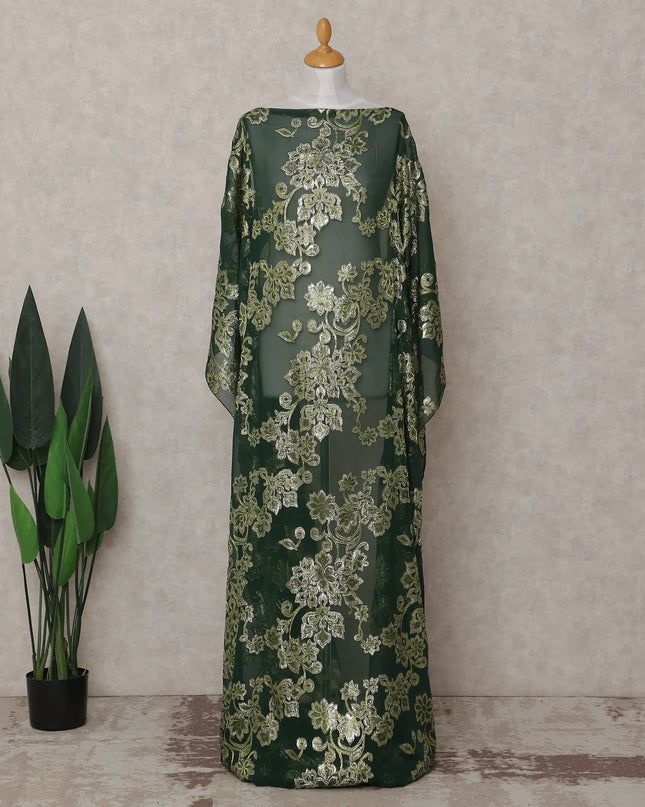 Emerald Green Floral Pure Silk Chiffon Dirac With Metallic Lurex Fabric Flowing 3.5m x 140cm Piece Premium Quality Luxurious Finish Korean Origin - D31158