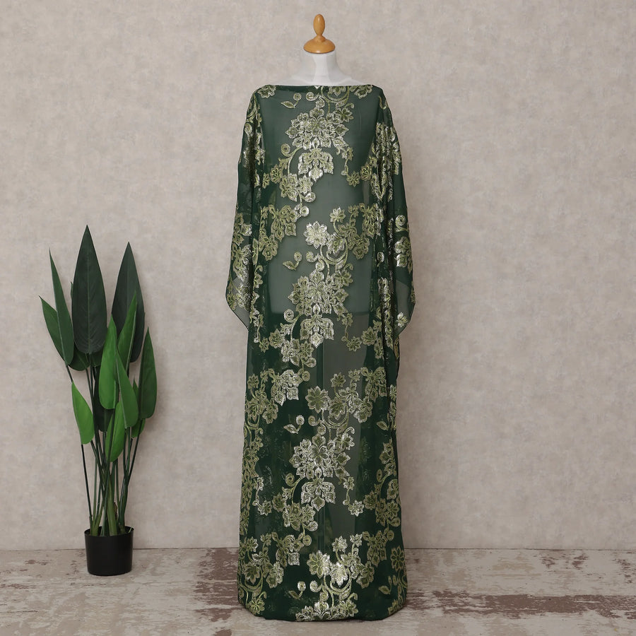Emerald Green Floral Pure Silk Chiffon Dirac With Metallic Lurex Fabric Flowing 3.5m x 140cm Piece Premium Quality Luxurious Finish Korean Origin - D31158