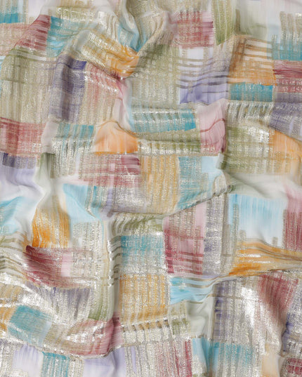 Teal-Rose Multicolor Silk Chiffon Garbasaar Fabric Piece
