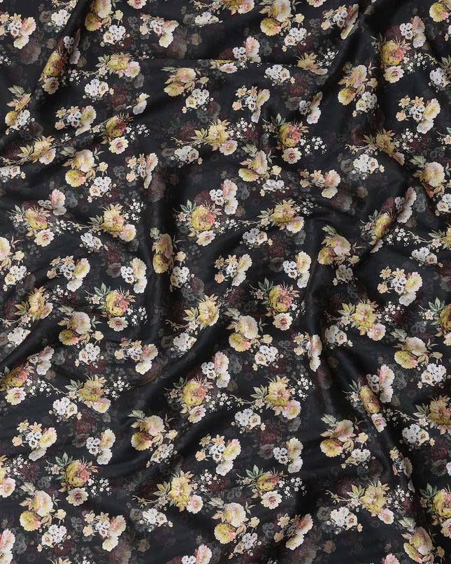 Onyx Black Bouquet Cotton Satin Fabric