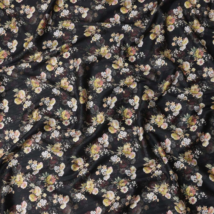 Onyx Black Bouquet Cotton Satin Fabric