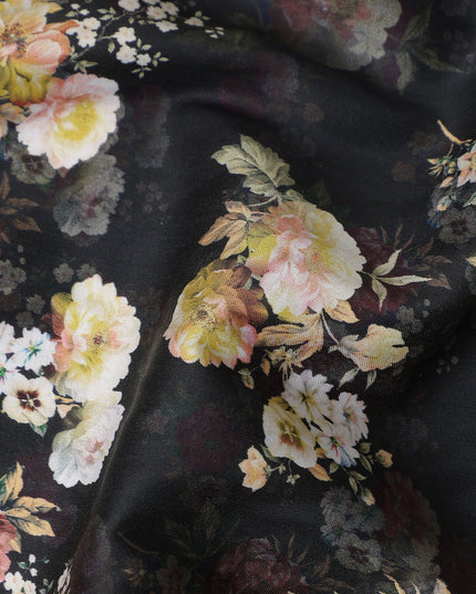 Onyx Black Bouquet Cotton Satin Fabric