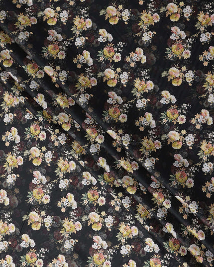 Onyx Black Bouquet Cotton Satin Fabric