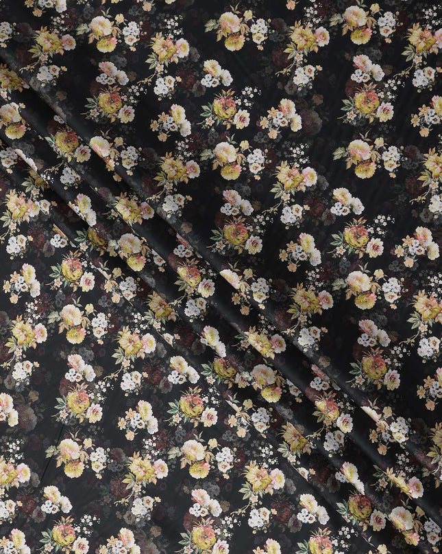 Onyx Black Bouquet Cotton Satin Fabric
