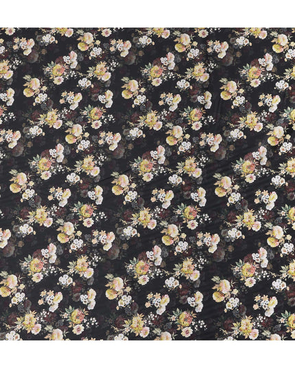 Onyx Black Bouquet Cotton Satin Fabric