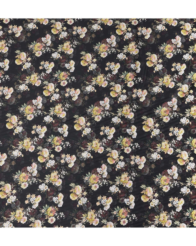 Onyx Black Bouquet Cotton Satin Fabric