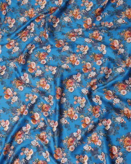 Cerulean Blue Bouquet Cotton Satin Fabric