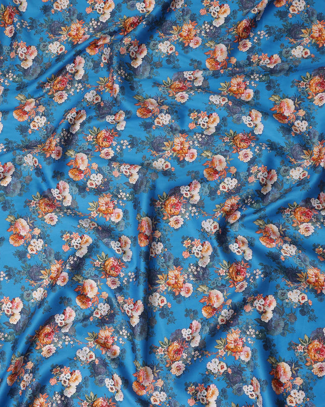 Cerulean Blue Bouquet Cotton Satin Fabric