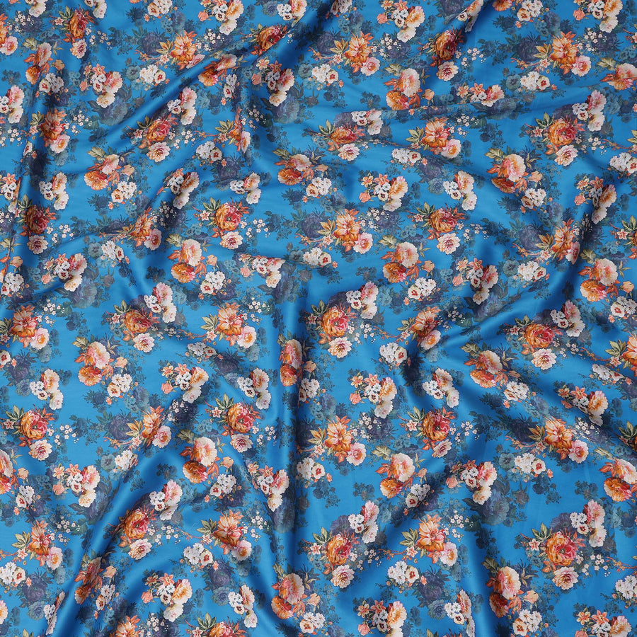 Cerulean Blue Bouquet Cotton Satin Fabric