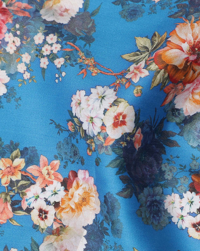 Cerulean Blue Bouquet Cotton Satin Fabric